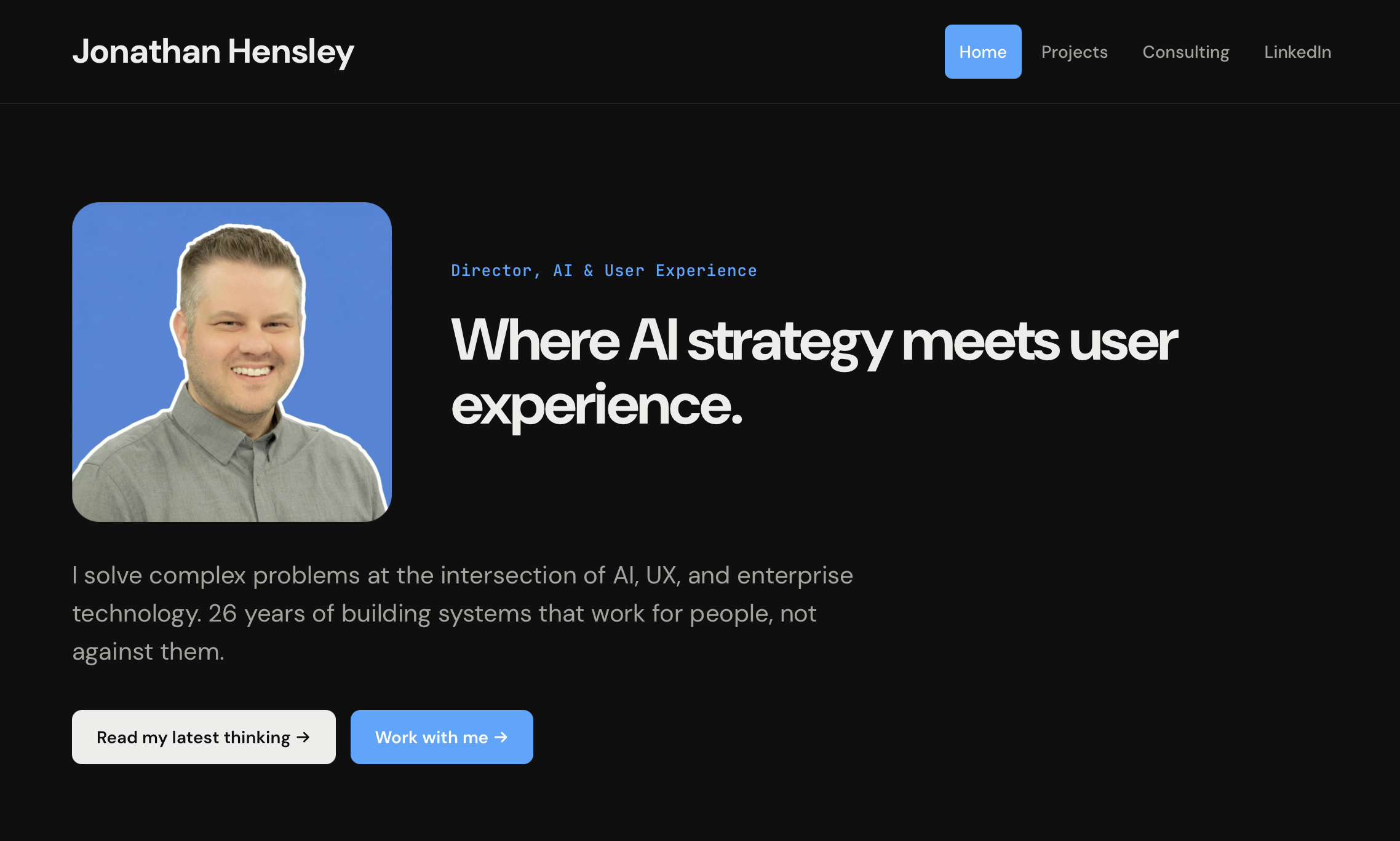 jonathanhensley.com homepage showing the hero section with profile photo