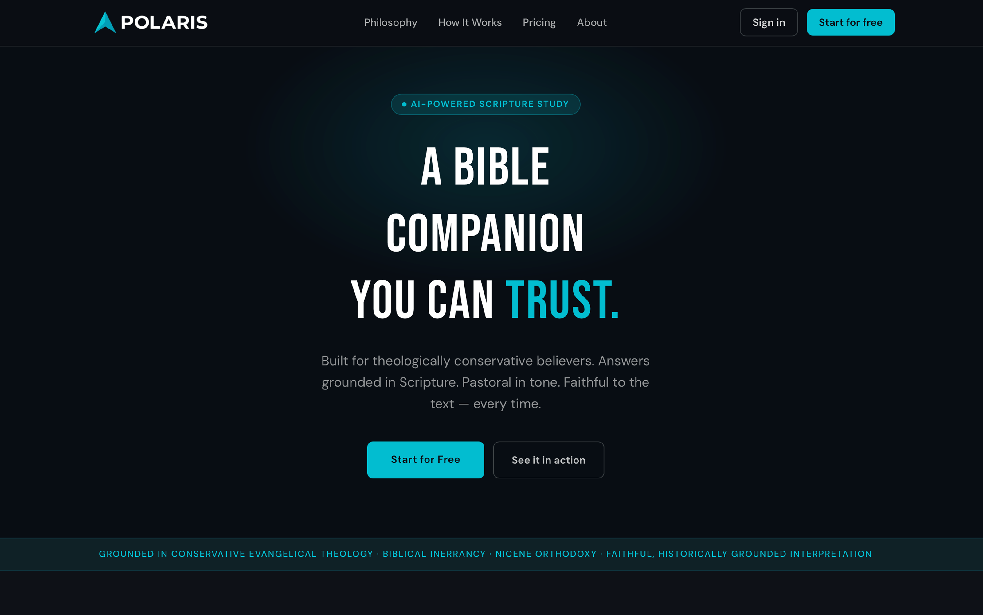 Polaris homepage showing the hero section: A Bible Companion You Can Trust